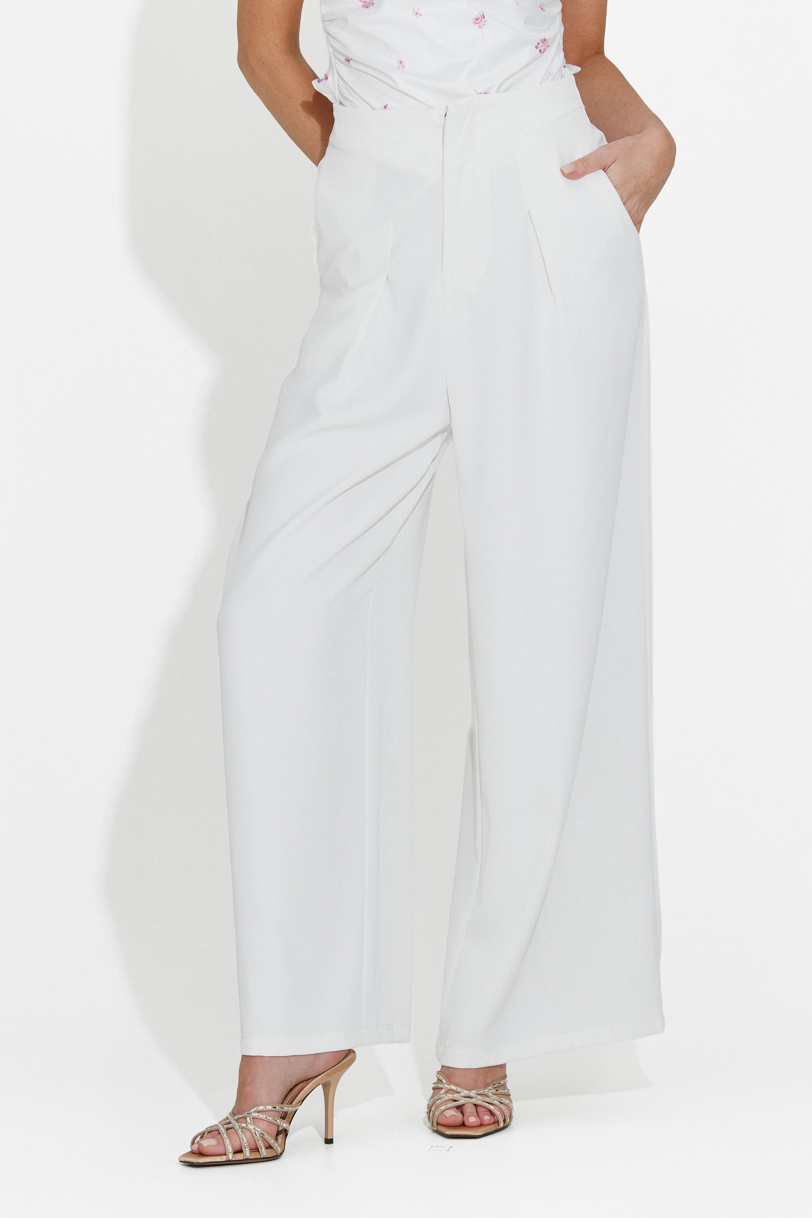 Pantaloni dama lungi eleganti albi Crystia Bogas