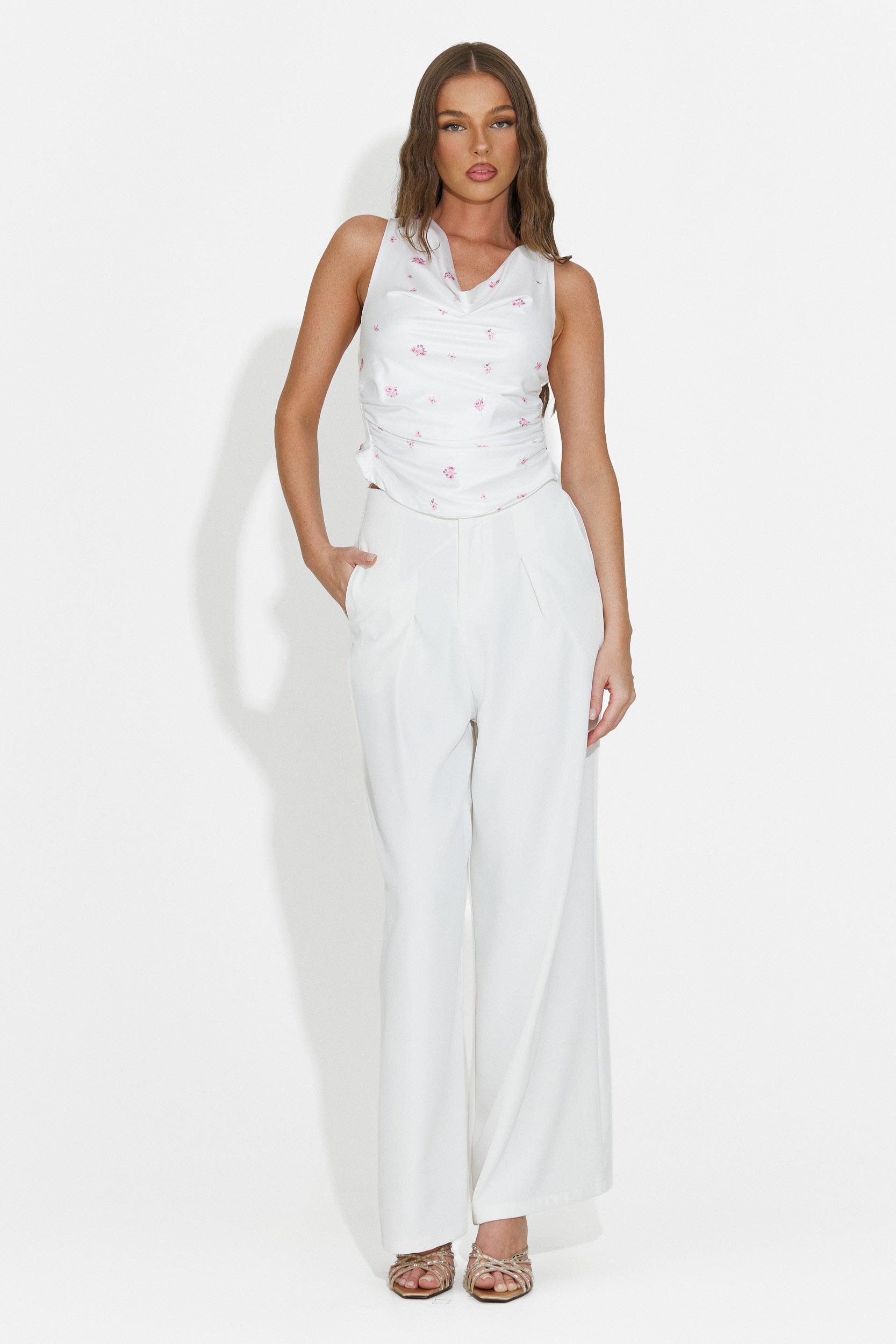 Pantaloni dama lungi eleganti albi Crystia Bogas