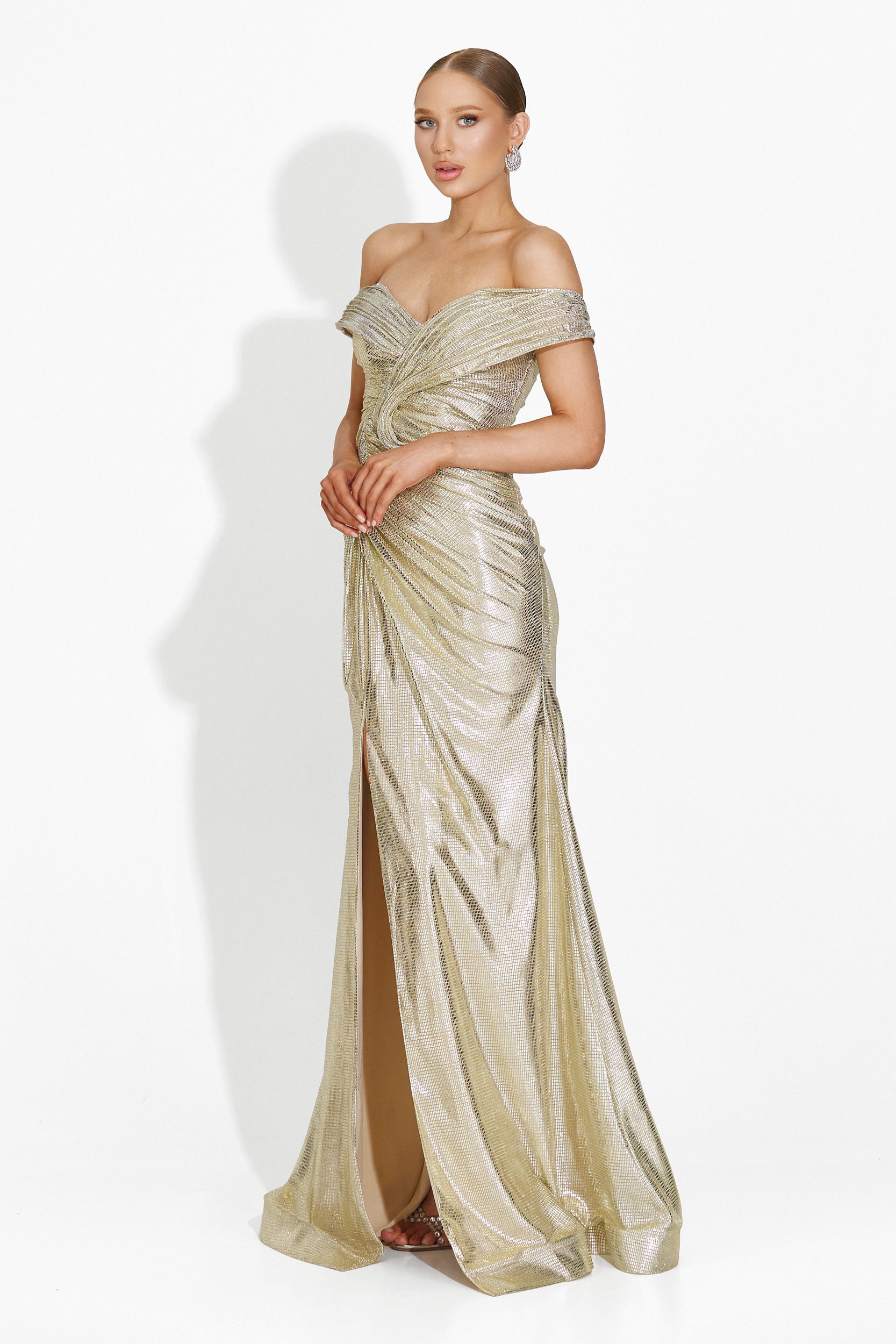 Rochie dama lunga bej-gold Stephane Bogas