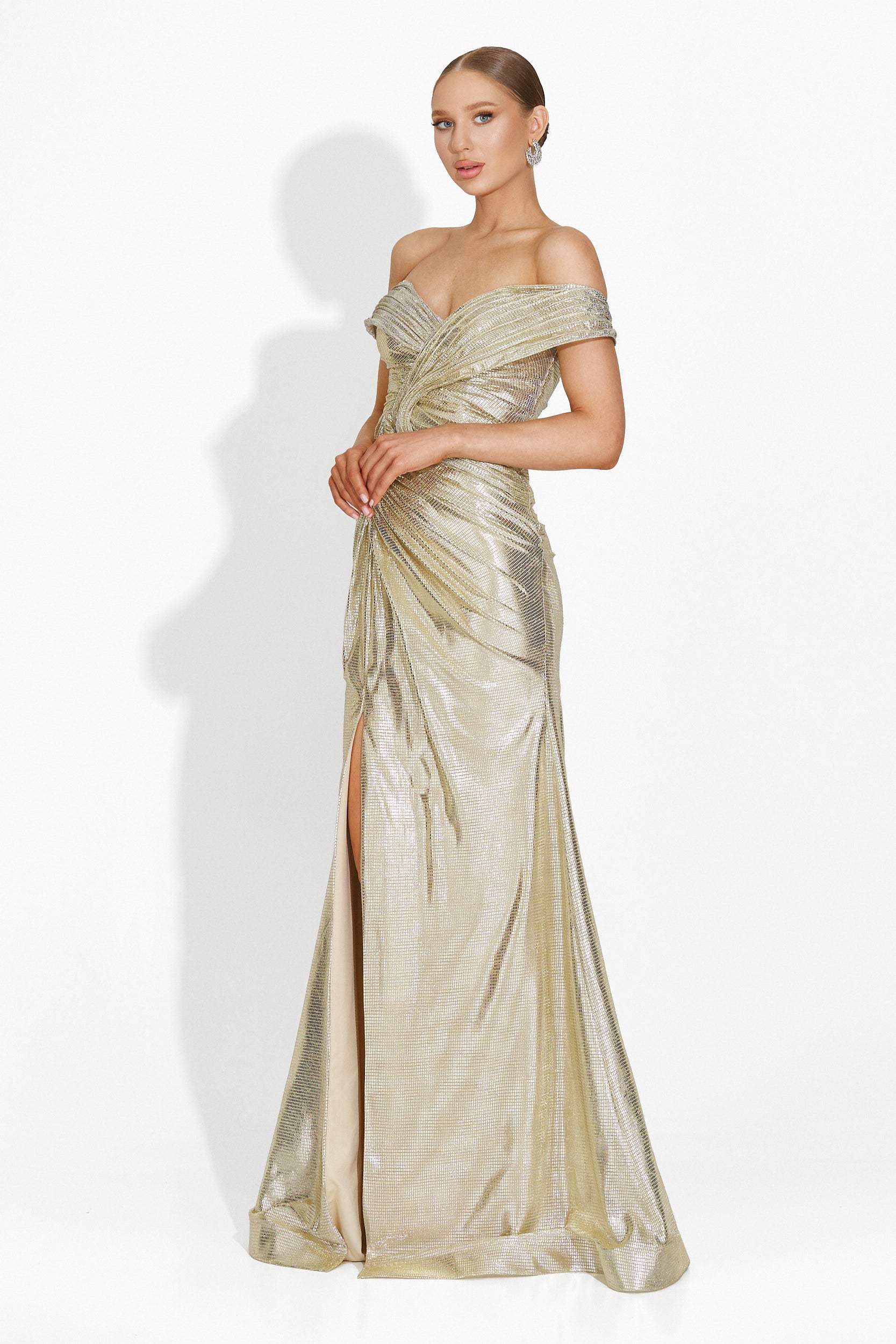 Rochie dama lunga bej-gold Stephane Bogas