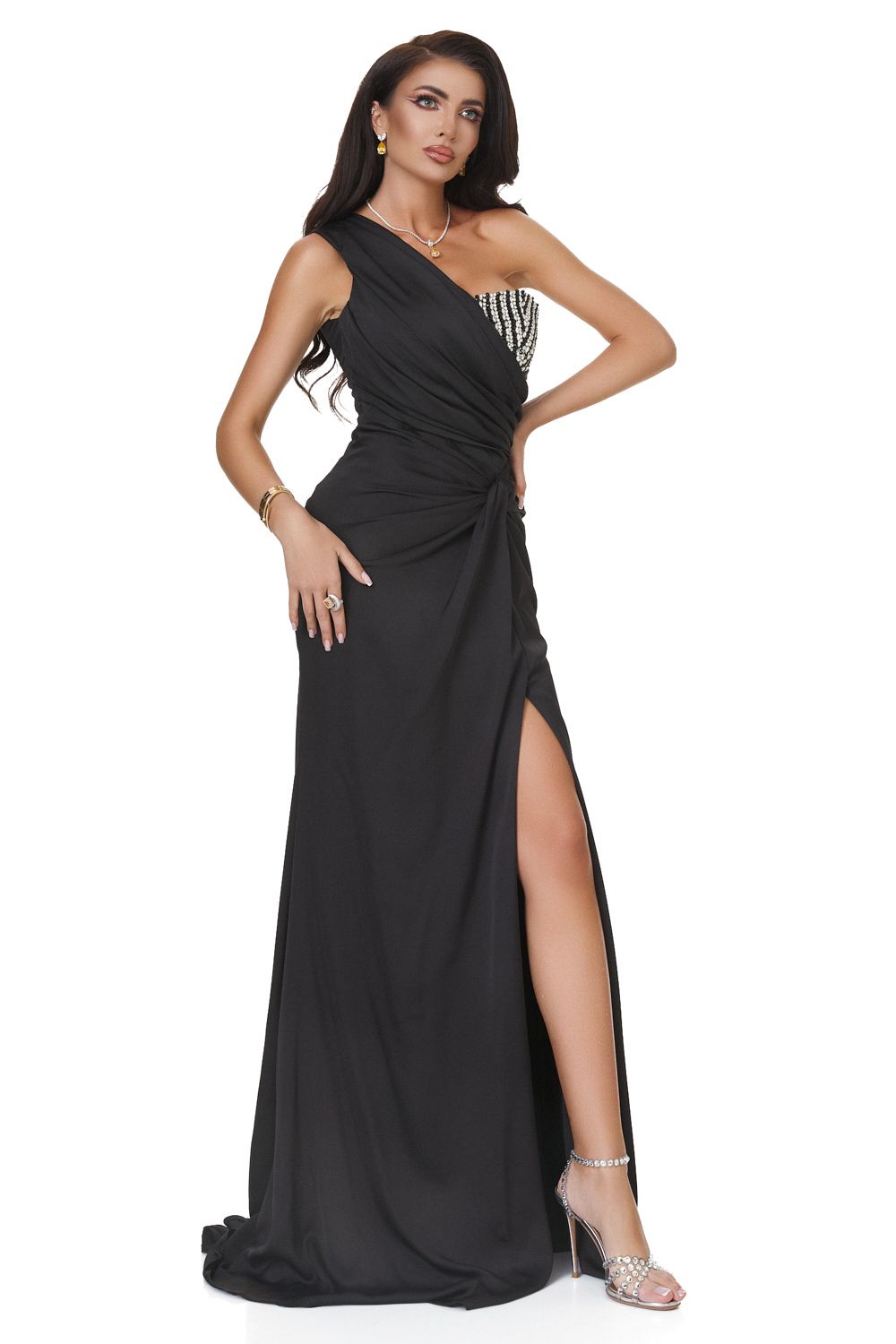 Juridis Bogas black satin veil long dress