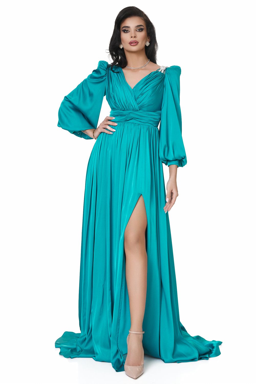 Turquoise satin veil long dress Cristalini Bogas