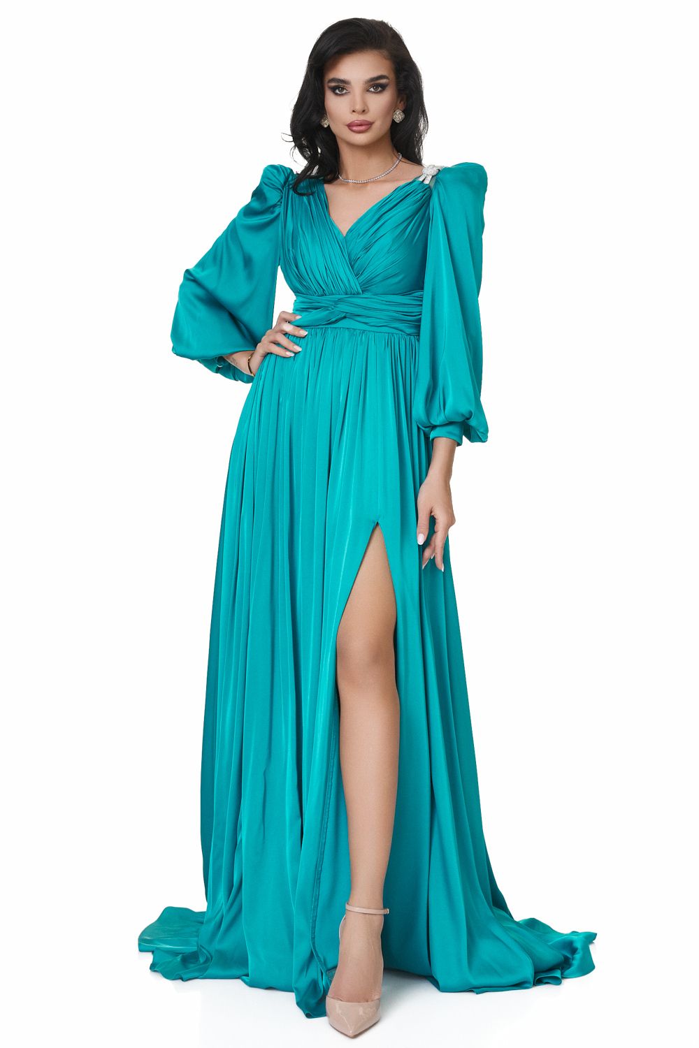 Turquoise satin veil long dress Cristalini Bogas