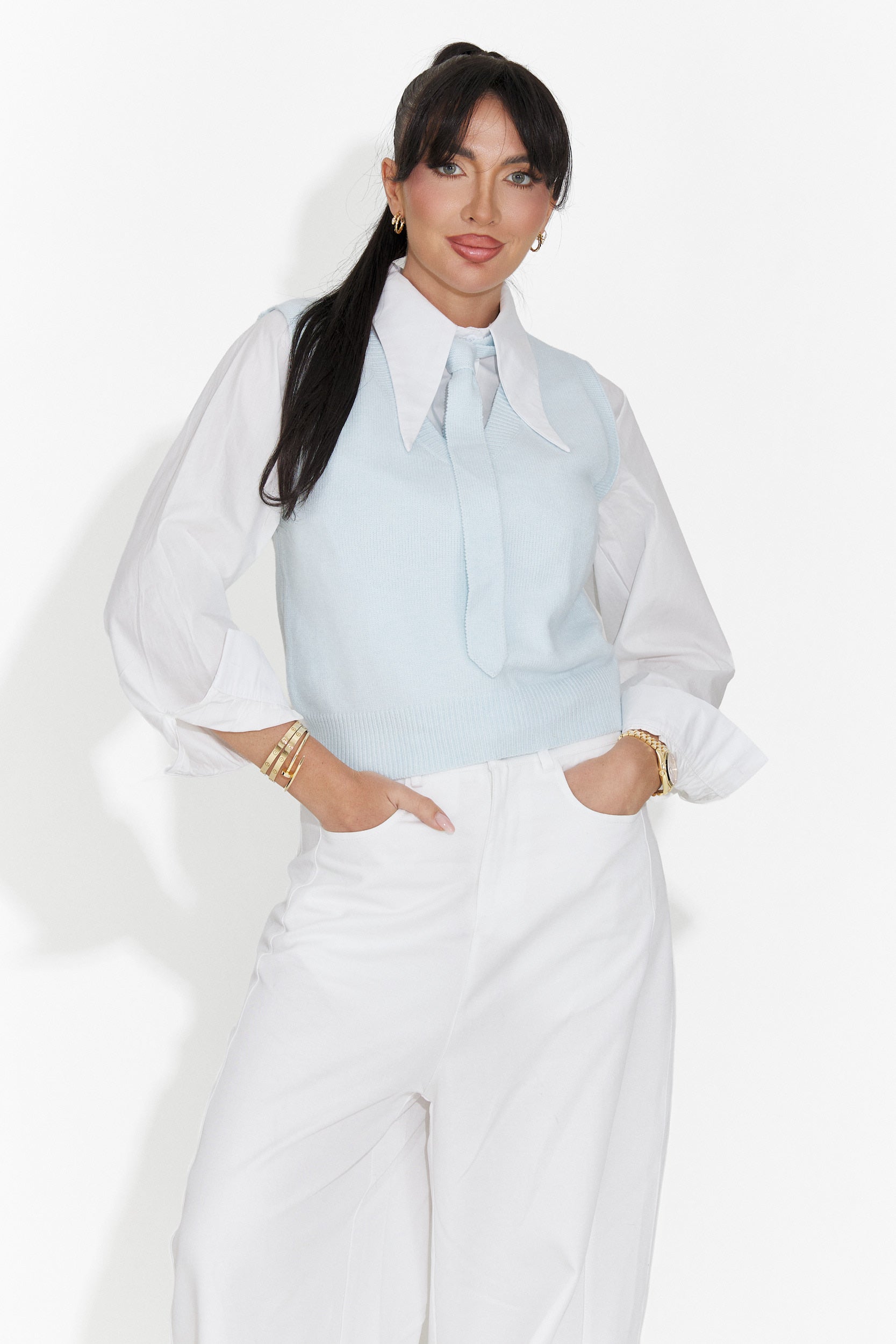 Set 3 piese camasa + vesta + cravata bleu Tasiana Bogas