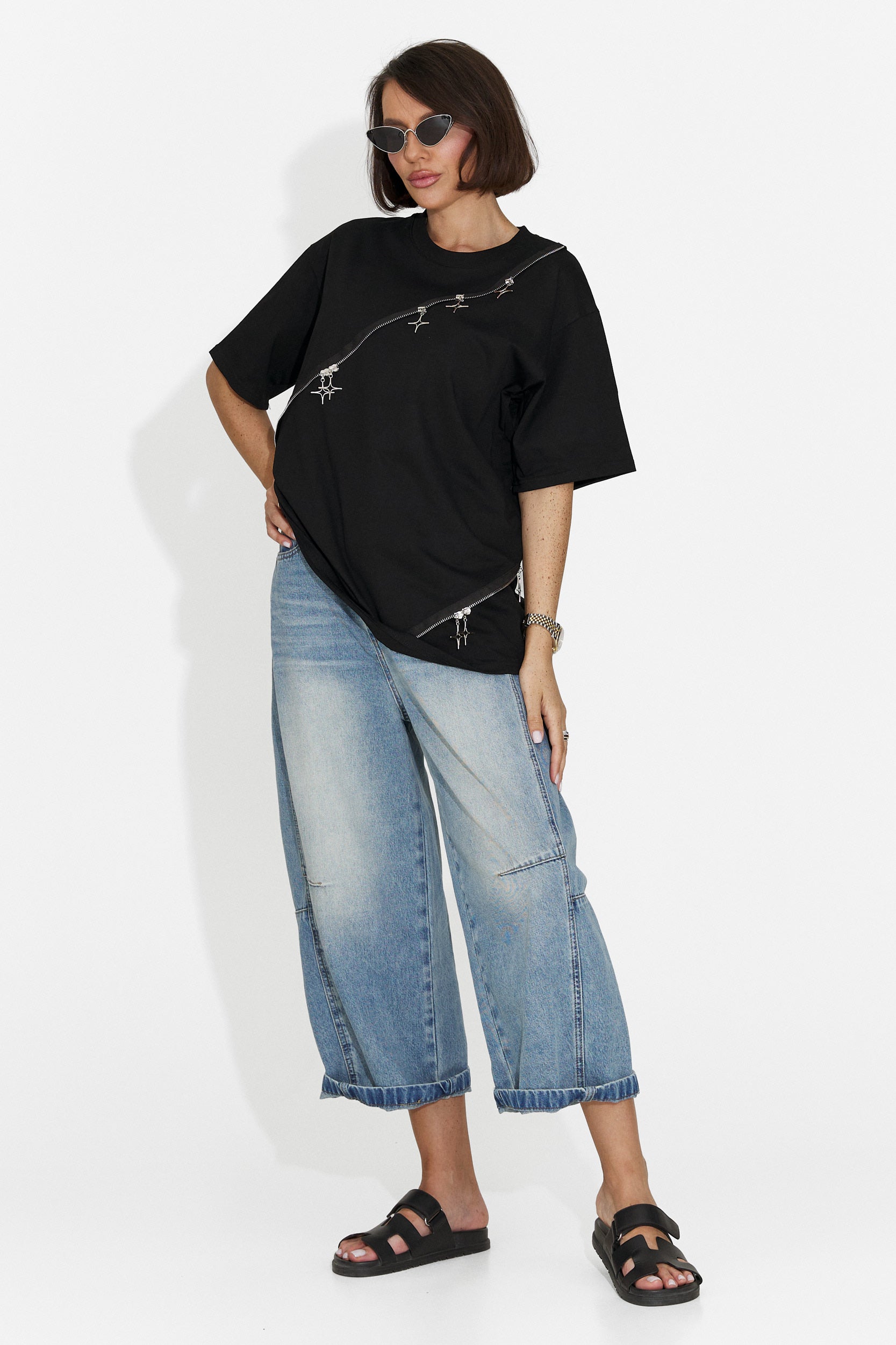 Tricou dama casual negru Rufles Bogas